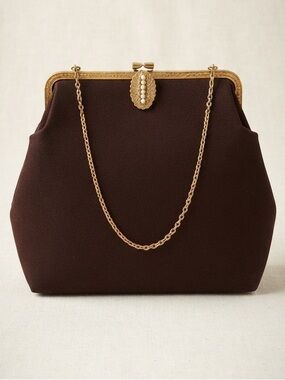 Vintage 1950s La Marquise Brown Evening Clutch with Gold Chain Handle